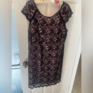 Lace Overlay Sheath Dress in Black and Pink